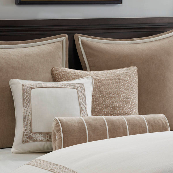 English Elm 9-piece King Bedding Set Velvet Slub Fabric Embroidered Comforter with Euro Shams Tan+Ivory B035P482956