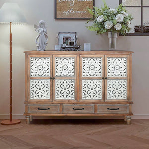 English Elm 59.06" Rustic Natural Wood Accent Cabinet with 4 Doors & 3 Drawers, Adjustable Shelves, Durable MDF W2295P290643