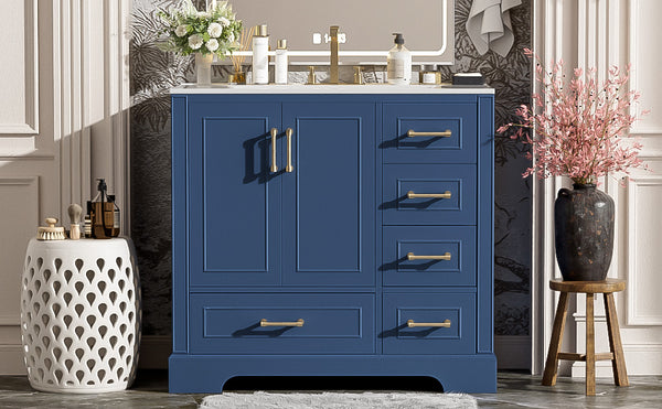 English Elm 36" Traditional Bathroom Vanity with Ceramic Sink, Solid Wood Cabinet, Soft-Close Doors & Drawers Blue N729P251630C