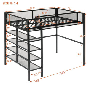 English Elm Twin Metal Loft Bed with 4-Tier Shelves and Built-In Storage Shelf, Sturdy Iron Frame, Space-Saving Design Black SF000237AAB
