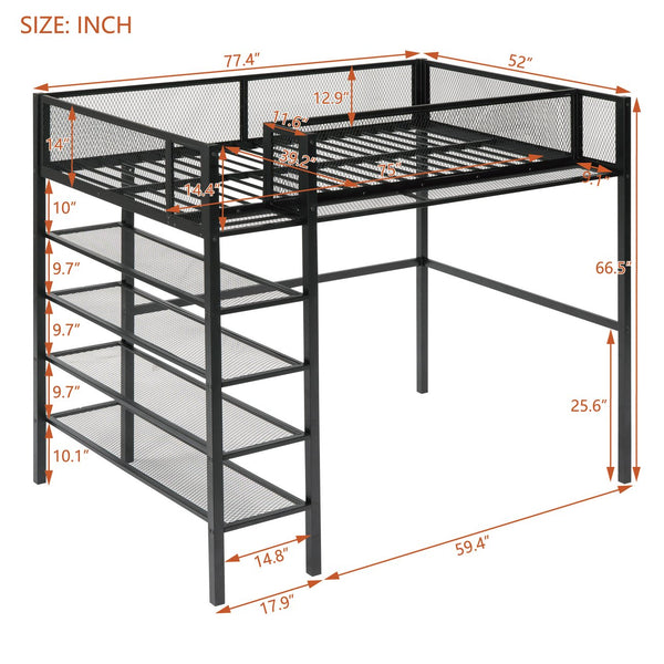 English Elm Twin Metal Loft Bed with 4-Tier Shelves and Built-In Storage Shelf, Sturdy Iron Frame, Space-Saving Design Black SF000237AAB
