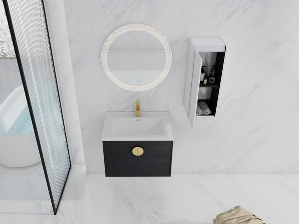 English Elm 28" Wall-Mounted Bathroom Vanity With Ceramic Sink & Side Cabinet – Space-Saving, Soft-Close Doors! W999S00327