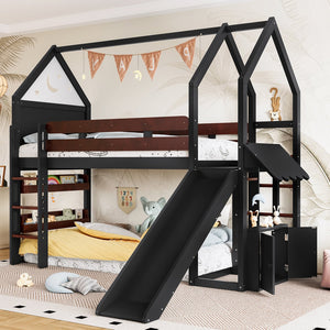 English Elm Full Size Pine Loft Bed House Frame with Slide Bookshelves and Moon Star Rails W1580S00311