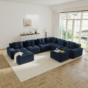 English Elm Modular Corduroy Sectional Sofa 6 Seat V Shaped Corner Couch with Ottomans Living Room Blue W714S01581