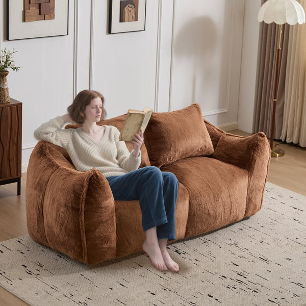 English Elm Giant Ultra Soft Fluffy Loveseat Bean Bag Sofa for Adults, Oversized Shredded Foam Couch with Pillows Brown W3723P353895