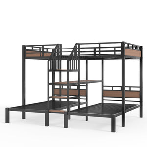 English Elm Full Xl Over Twin Triple Metal Bunk Bed with Storage Stairs and Shelves Black W1580S00546