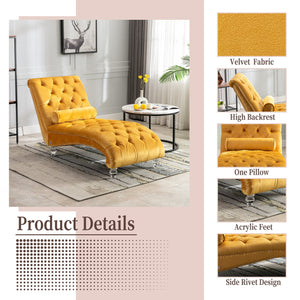 English Elm Velvet Curved Chaise Lounge Sofa with Button-Tufted Upholstery, Plush Foam Seat and Acrylic Legs Mustard W39538680