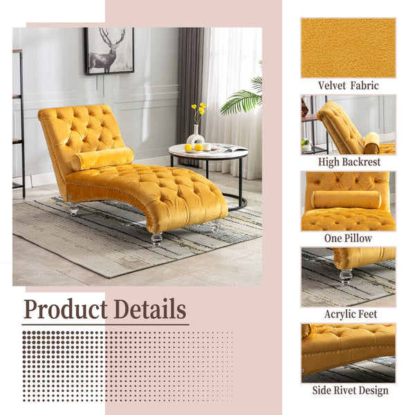 English Elm Velvet Curved Chaise Lounge Sofa with Button-Tufted Upholstery, Plush Foam Seat and Acrylic Legs Mustard W39538680