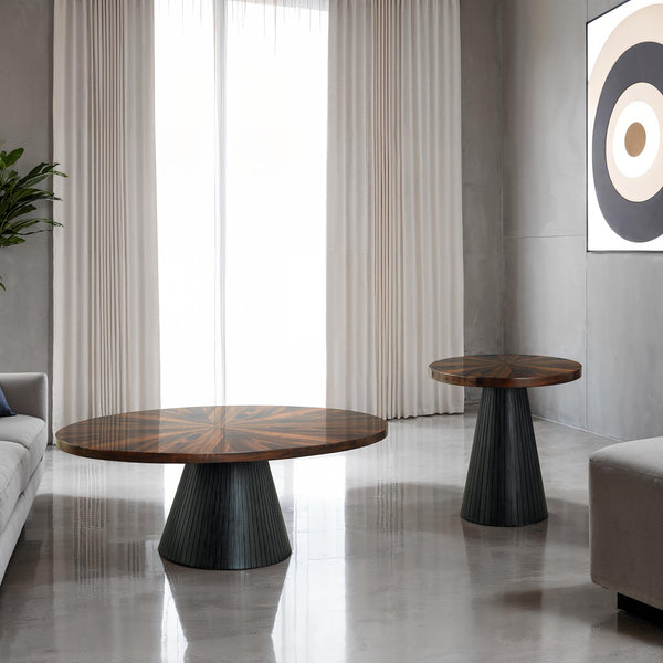 English Elm Contemporary 3-Piece Table Set With Parquet Pattern Top & Black Drum Base - Ideal For Modern Living Rooms B2741S00648