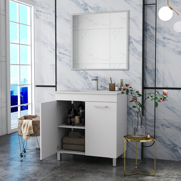 English Elm 32-Inch Elegant Floor-Mounted Bathroom Vanity Set With Ceramic Sink, Mirror, Soft-Close Doors & More W3151S00030