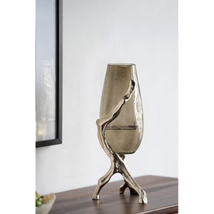 English Elm 9x7x18" Sculptural Gold Glass Vase with Splayed Aluminum Legs for Glam Interiors W2078P490402