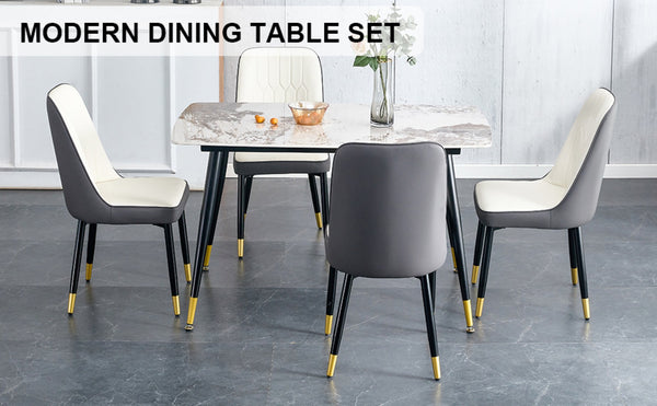 English Elm Table 5-Piece Dining Set - White Sintered Stone Table With 4 Stylish Pu Chairs In Gray & White Combo W1151S04209-GIGA