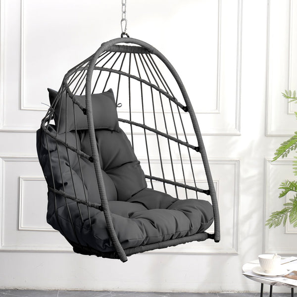 English Elm Outdoor Egg-shaped Hanging Chair with Stand - Cozy Cushioned Swing, Sturdy 350 lb Frame, Indoor/Patio Use Gray+Gray W2500P309523