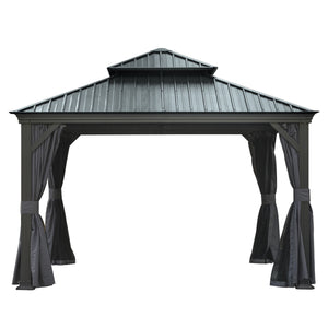 English Elm 12' X 12' Hardtop Gazebo with Drainage System, Dual-Layer Galvanized Roof, Curtains & Mosquito Netting Grey W1859S00139