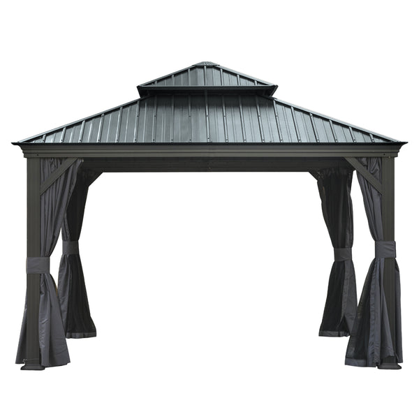 English Elm 12' X 12' Hardtop Gazebo with Drainage System, Dual-Layer Galvanized Roof, Curtains & Mosquito Netting Grey W1859S00139