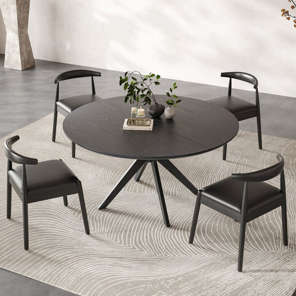 English Elm 47" Round Wood Dining Table Seats Six with Industrial Metal Base for Modern Homes Black T3623P437345