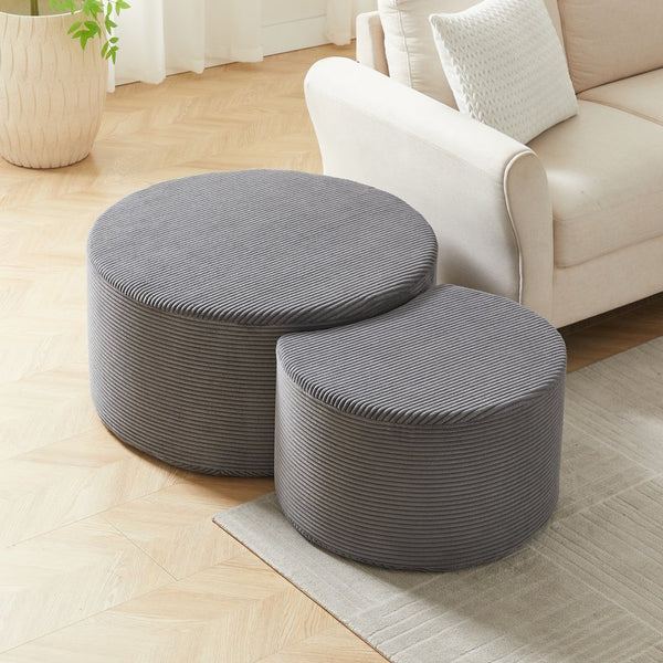 English Elm Nesting Foam Upholstered Round Coffee Tables Set of 2 — No Assembly, Multipurpose Ottoman Side Table Grey W834P326381