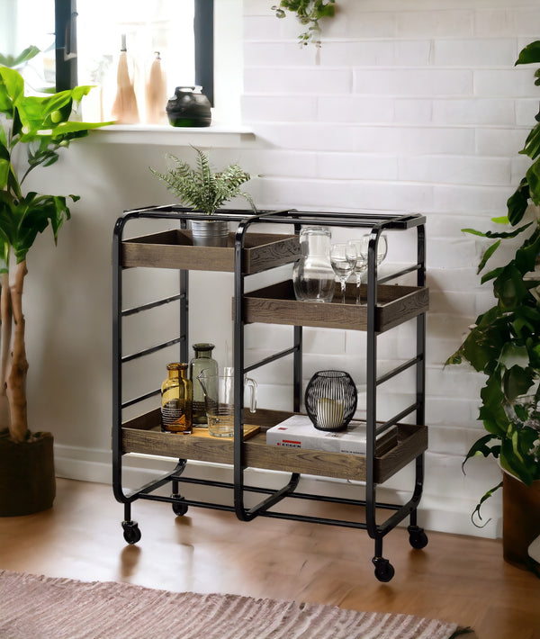English Elm Vorrik Black & Walnut Finish Serving Cart with 3 Adjustable Wooden Trays, Metal Frame & Casters — Stylish Hostess Trolley B2726P272331