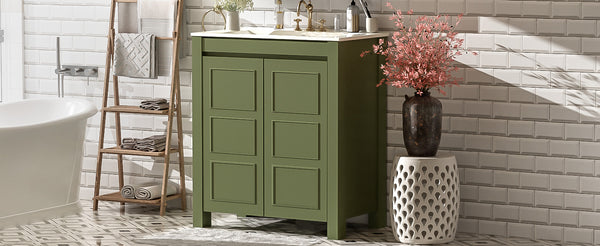English Elm 30'' 30'' Farmhouse Bathroom Vanity Olive Green with Ceramic Sink, Adjustable Shelves, Soft-Close Doors, Rustic Wood Frame N729P290712F