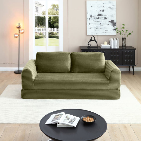 English Elm 2-in-1 Corduroy Futon Sofa Sleeper Modular Floor Couch for Studio and Guest Living Spaces Green W1117S00372
