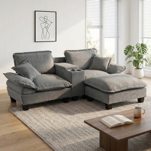 English Elm Modular Cloud Sofa Chenille L-shape with Storage Cup Holders and Usb for Living Room Grey W3163S00110