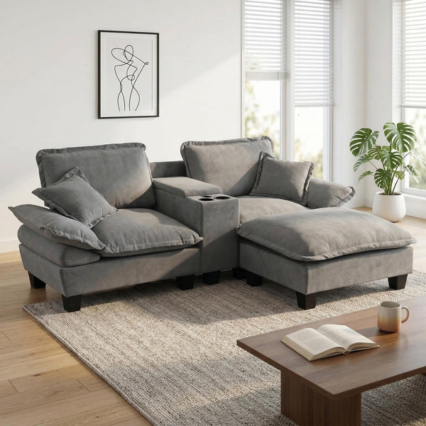 English Elm Modular Cloud Sofa Chenille L-shape with Storage Cup Holders and Usb for Living Room Grey W3163S00110