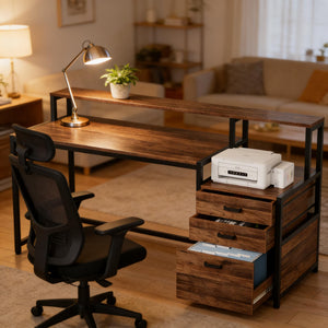 English Elm Sturdy Two-tier Computer Desk with File Cabinet and Monitor Riser for Home Office Black,Rustic Brown T3971P450685