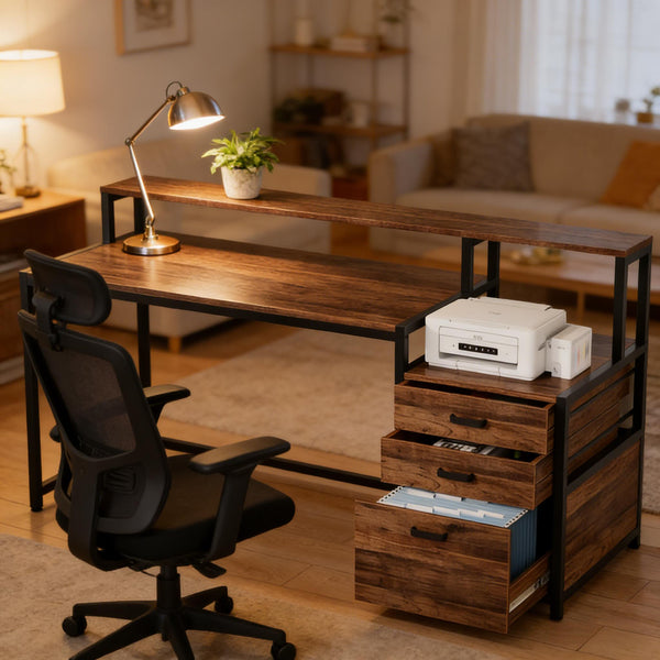 English Elm Sturdy Two-tier Computer Desk with File Cabinet and Monitor Riser for Home Office Black,Rustic Brown T3971P450685