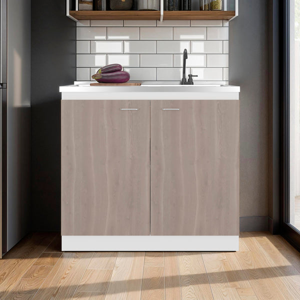 English Elm White Melamine Utility Sink Cabinet with Open Shelving for Laundry and Mudroom B062S01852