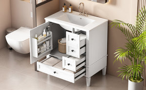 English Elm 30 30 Inch Bathroom Vanity with Ceramic Sink, Modern Compact 3-Drawer Storage Cabinet for Small Baths White N710P247499K