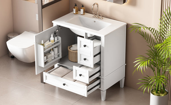 English Elm 30 30 Inch Bathroom Vanity with Ceramic Sink, Modern Compact 3-Drawer Storage Cabinet for Small Baths White N710P247499K
