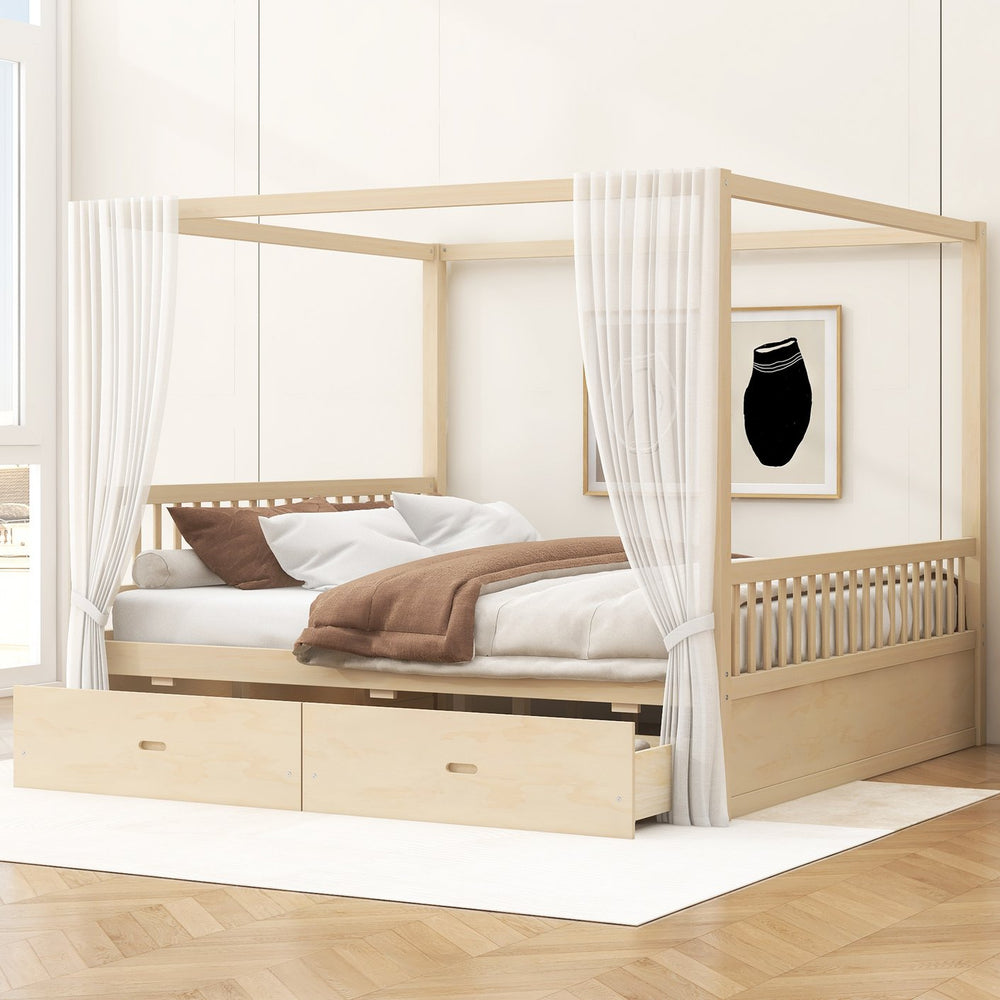 English Elm Wooden Canopy Queen Bed Solid Frame with Built-in Storage Drawers Slatted Base Natural N7090005036N