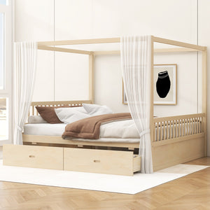 English Elm Wooden Canopy Queen Bed Solid Frame with Built-in Storage Drawers Slatted Base Natural N7090005036N