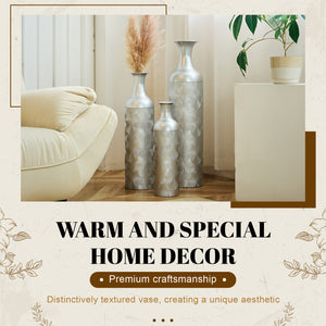 English Elm Silver Metal Floor Vase Trio Etched Wave Pattern Tall Cylinder Set for Modern Decor W2796P386873