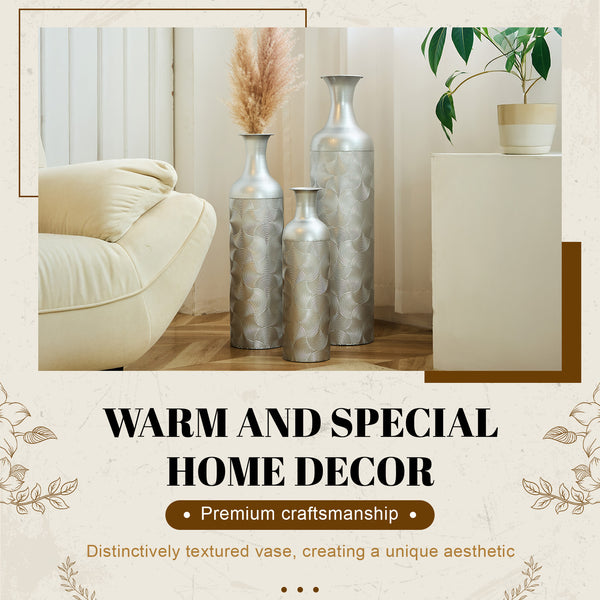 English Elm Silver Metal Floor Vase Trio Etched Wave Pattern Tall Cylinder Set for Modern Decor W2796P386873