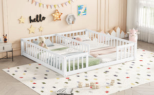 English Elm Double Twin Floor Bed With Safety Guardrails, Space-Saving Design In White For Cozy Shared Sleep W504P143286