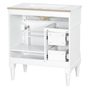 English Elm 30" Freestanding Bathroom Vanity Rubberwood Frame Ceramic Sink Flip Drawer Storage White N725P356062K