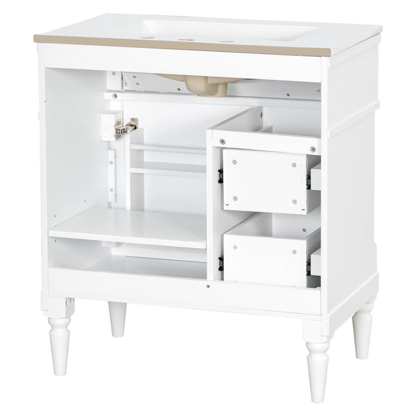 English Elm 30" Freestanding Bathroom Vanity Rubberwood Frame Ceramic Sink Flip Drawer Storage White N725P356062K