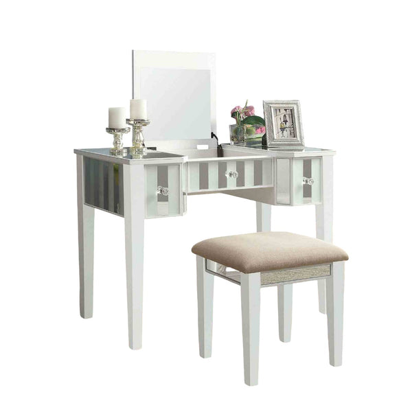 English Elm Transitional Glam Mirrored Vanity with Padded Stool, Spacious Drawers, Central Mirror for Prep and Storage White 50 L x 31 W x 16 H B2741P400802