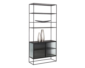 Sunpan Parsons Bookcase - Timeless Mid-Century Modern Design with Fluted Glass Doors and Matte Black Frame