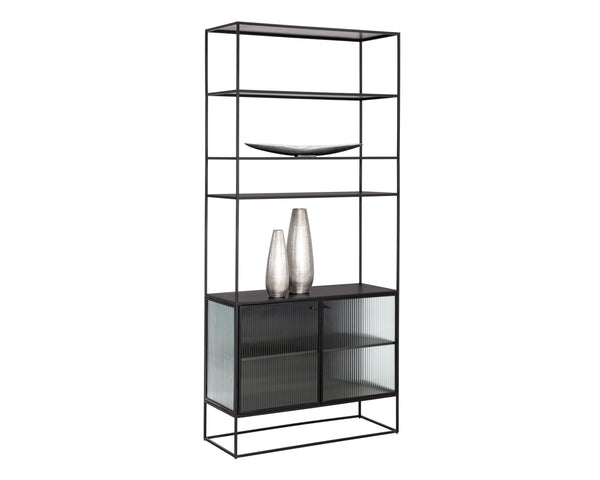 Sunpan Parsons Bookcase - Timeless Mid-Century Modern Design with Fluted Glass Doors and Matte Black Frame