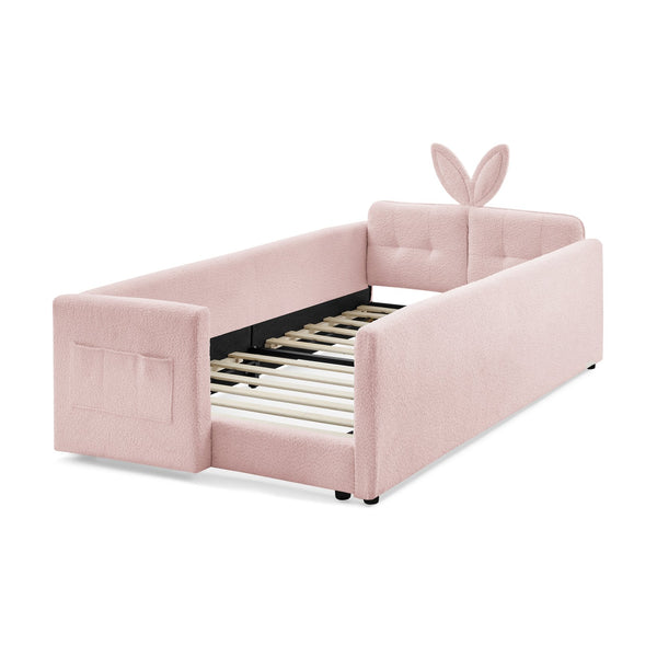 English Elm Twin Boucle Upholstered Kids Bed Whimsical Rabbit Ear Headboard with Safety Rail Pink W1413P407486