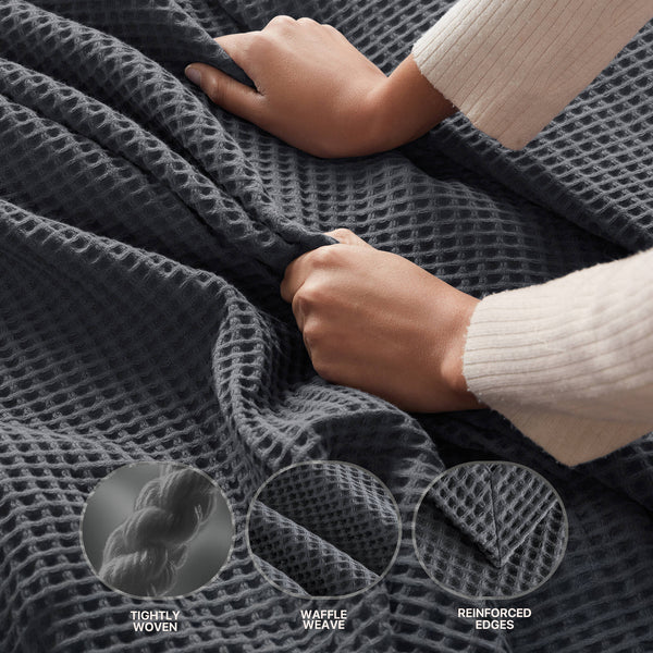 JLA Home Madison Park - Cotton waffle weave blanket — ultra-soft, breathable, OEKO-TEX certified for lightweight year-round comfort Dark Grey BR51N-5004