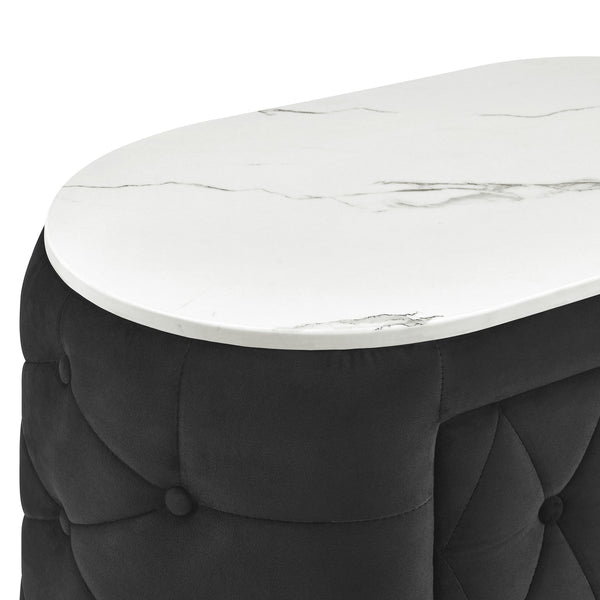 English Elm 1pc Black Velvet Nightstand with White Faux Marble Top, Button Tufted Oval Design, 2 Drawers, Crystal Pulls B2741P318961