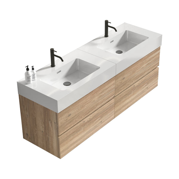 English Elm Grace 60" Bathroom Vanity Wall-Mounted Floating Mid-Century Modern Walnut Grille, Quiet Soft-Close Drawers and One-Piece White Basin (ECO) Oak W1865S00160