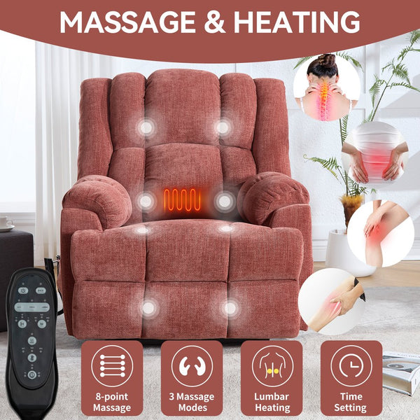 English Elm Dual Motor Power Lift Recliner Chenille Chair with Massage Heat and Infinite Positions Red W3224P288311