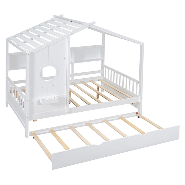 English Elm Wooden Full Size House Bed with Trundle and Built-In Shelves — Modern Pine Frame, Whimsical Roof Design White 57.2 L x 16.25 W x 5.9 H N733S316125K