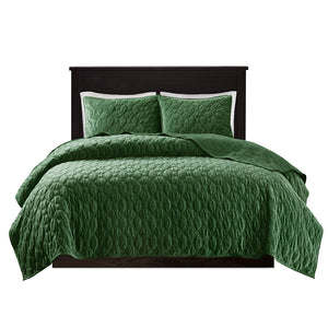 JLA Home Madison Park - 3 Velvet Quilt Set with Plush Polyester Velvet, Geometric Stitching, Antimicrobial Finish for Cozy Beds Green MP13-6467