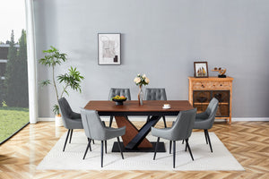 English Elm Modern Extendable Dining Table with Walnut MDF Veneer Top, Dual V-Shaped Metal Base, Sleek Durable Design Dark Walnut W3493S00007