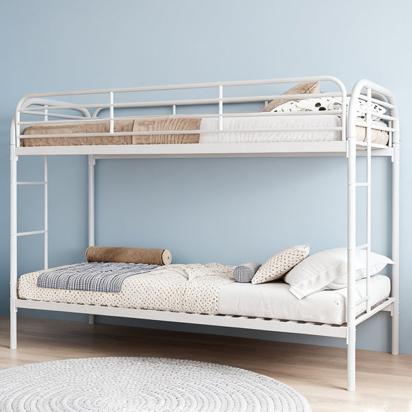 English Elm Metal Twin Over Twin Bunk Bed - Heavy Duty Metal Frame with Dual Ladders, Full-Length Safety Rails, Low-Profile Space-Saving Design White W3752P378565